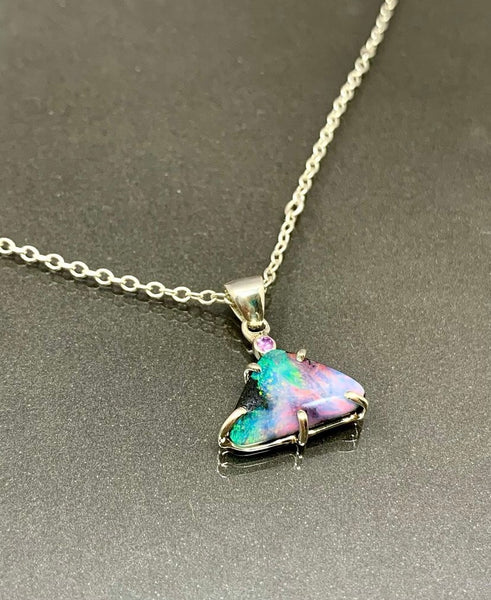 Eleanor Dean Silver, Boulder Opal & Pink Sapphire Handmade Necklace
