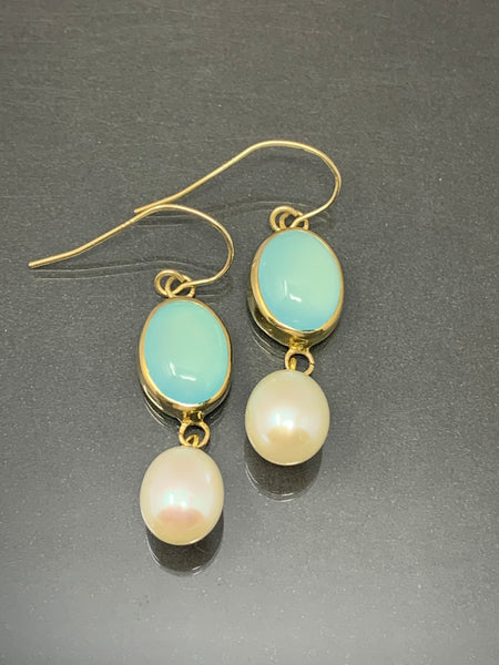 Eleanor Dean “Satine” Aqua Chalcedony & Freshwater Pearl Handmade Earrings