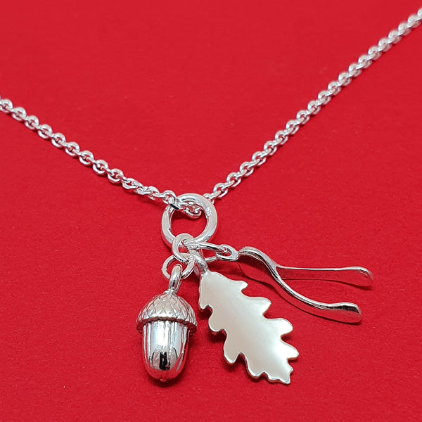 Silver Baby Wishbone, Oakleaf and Acorn Necklace