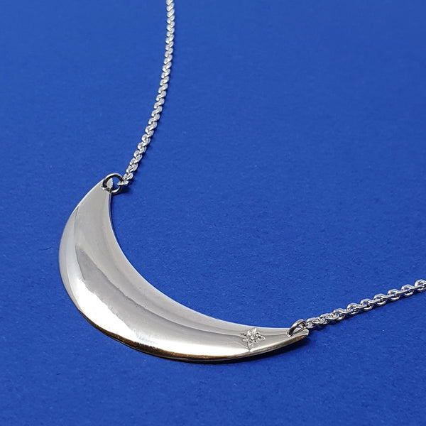 Silver and Diamond Crescent Necklace