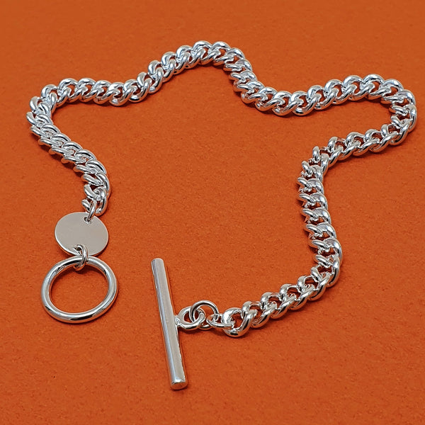 Silver Curb Link Bracelet with T-Bar and Disc